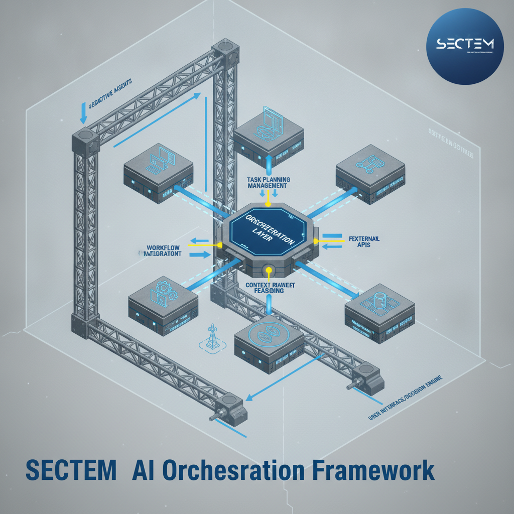 A technical diagram illustrating the orchestration layer of an AI agentic system.