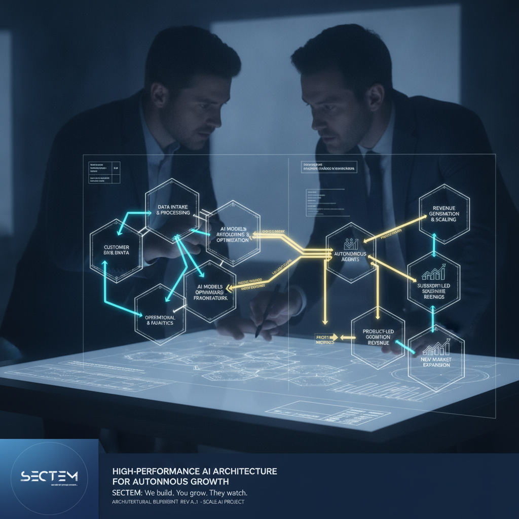 A clean, architectural blueprint of a high-performance AI system showing interconnected nodes for data and revenue.