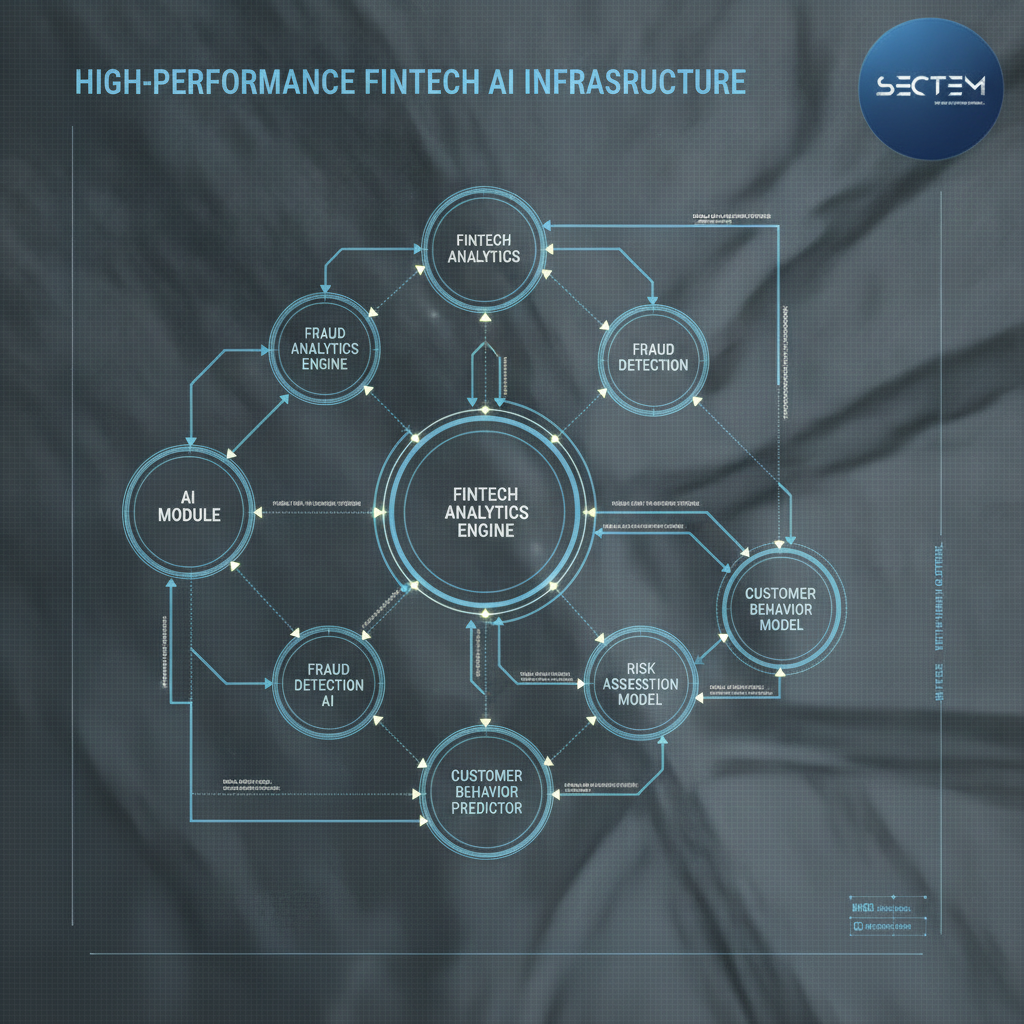 A precise architectural blueprint of a high-performance digital infrastructure showing interconnected AI modules and data streams