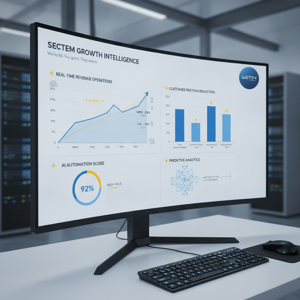 A dashboard visualizing real-time revenue operations and customer friction metrics, highlighting the impact of AI automation on growth performance.