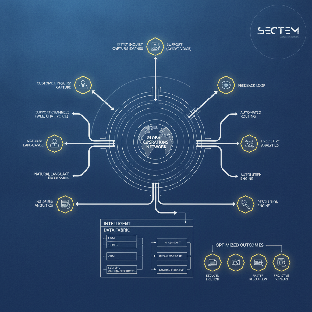 A complex architectural blueprint showing the integration of AI nodes into a global customer operations network, emphasizing structural flow and efficiency.