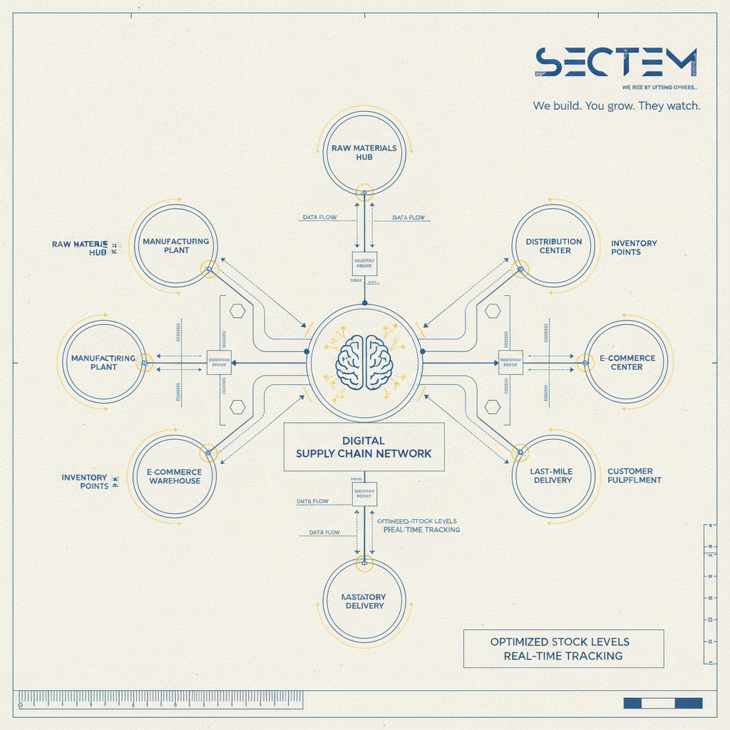 A complex architectural blueprint of a digital supply chain network showing nodes of data flow and inventory points