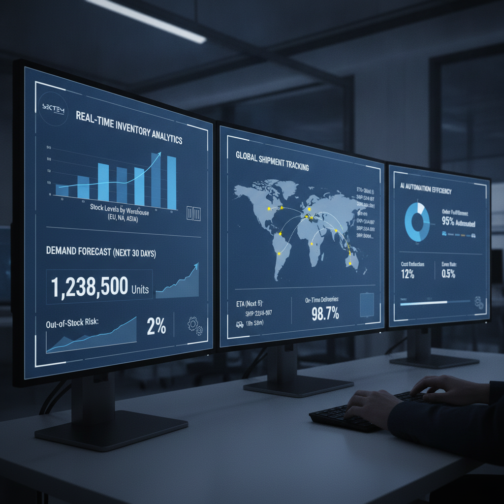 A clean, high-tech dashboard showing real-time inventory analytics and global shipment tracking