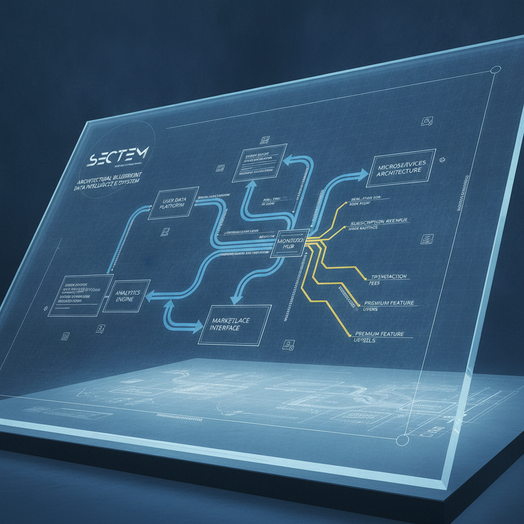 A complex architectural blueprint of a digital product ecosystem showing data flows and revenue streams