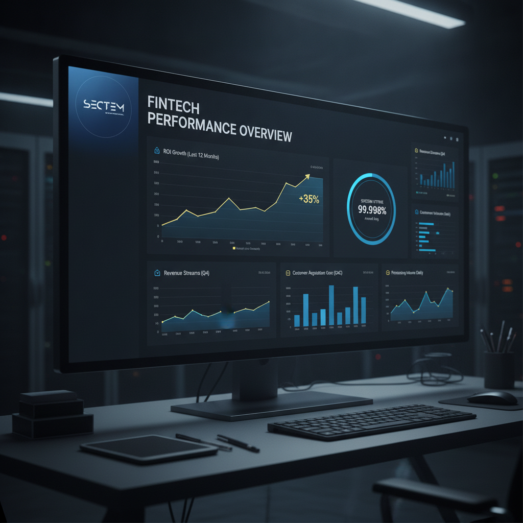 A dashboard showing key performance indicators for a high-growth fintech company, highlighting ROI and system uptime